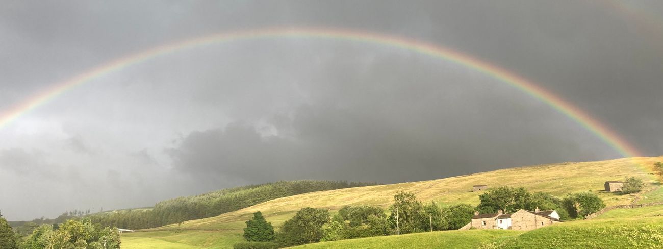 Rainbow over a Garsdale farm with dry stone walls and fields