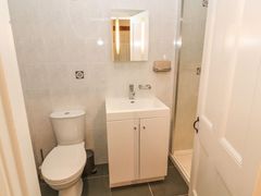 A bathroom with a toilet sink cabinet mirror and shower behind a door at Roger Pot in Garsdale near Sedbergh