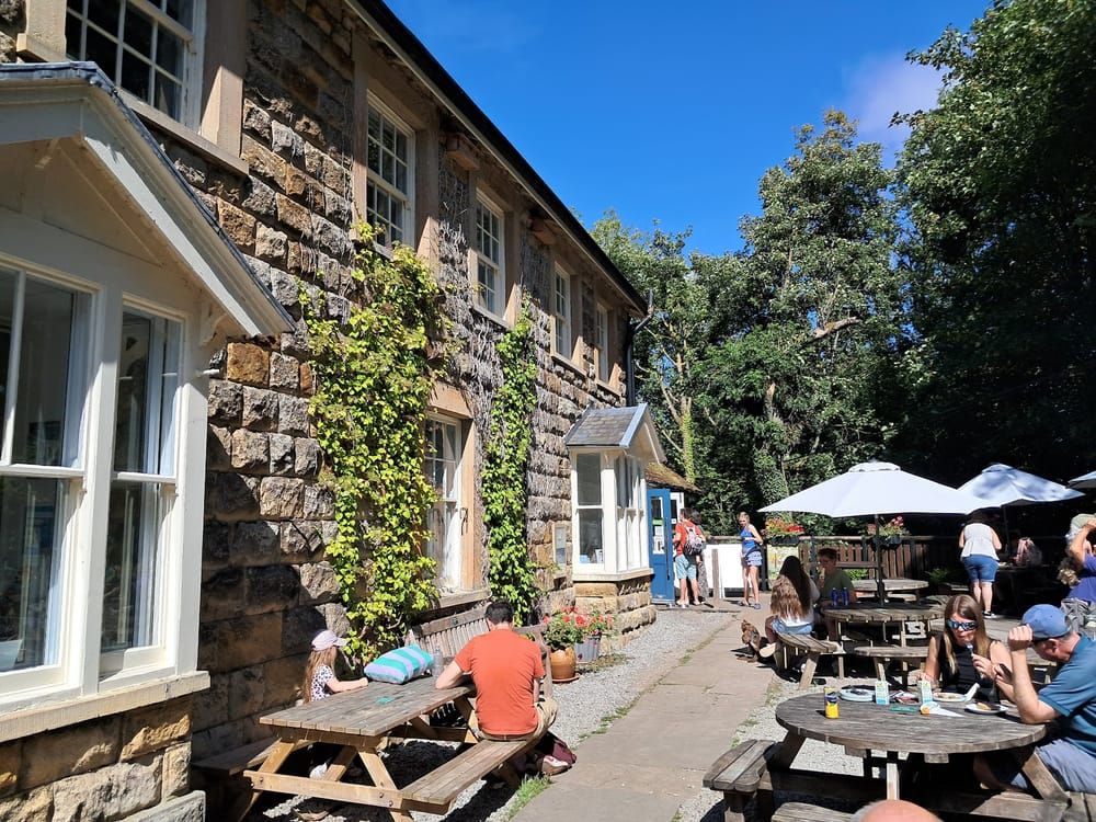 The visitor centre and picnic tables at Aysgarth Falls in Wensleydale