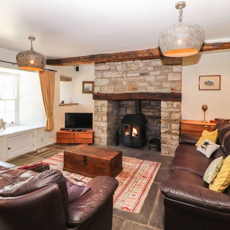 The living room at Roger Pot with leather sofas around a wooden chest, a stone fireplace and lit wood-burning stove