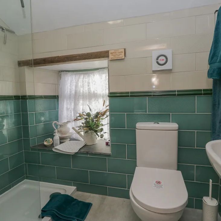 A bathroom at The Old Cart House with a toilet, sink, shower and a window dressed with flowers