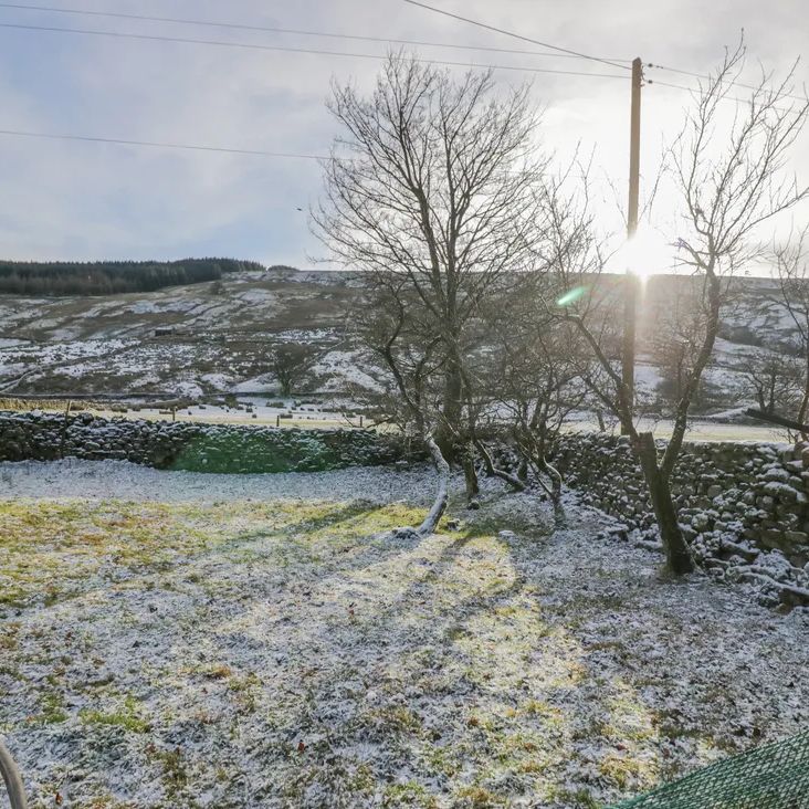 A frosty winter garden at The Old Cart House with bare trees, dry-stone walls and a low sun over the hills